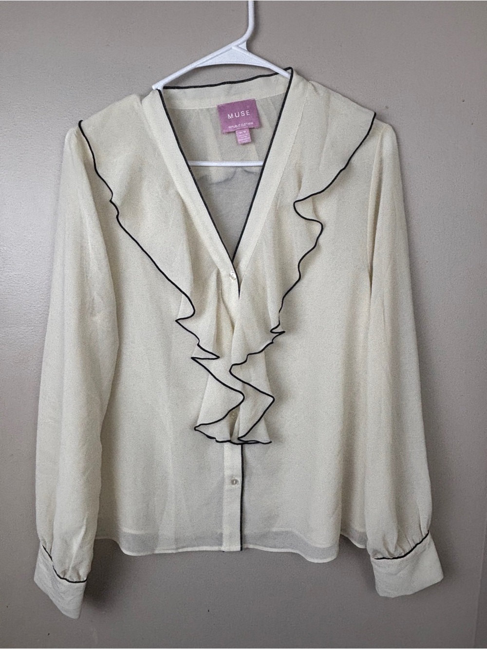 Muse Ivory Ruffle-Trim Blouse with Black Piping